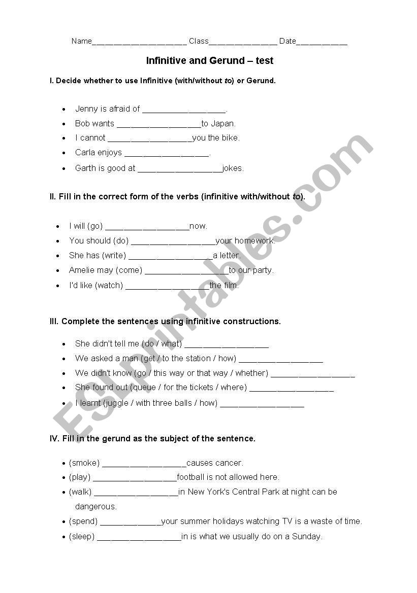 infinitive and gerund, test worksheet