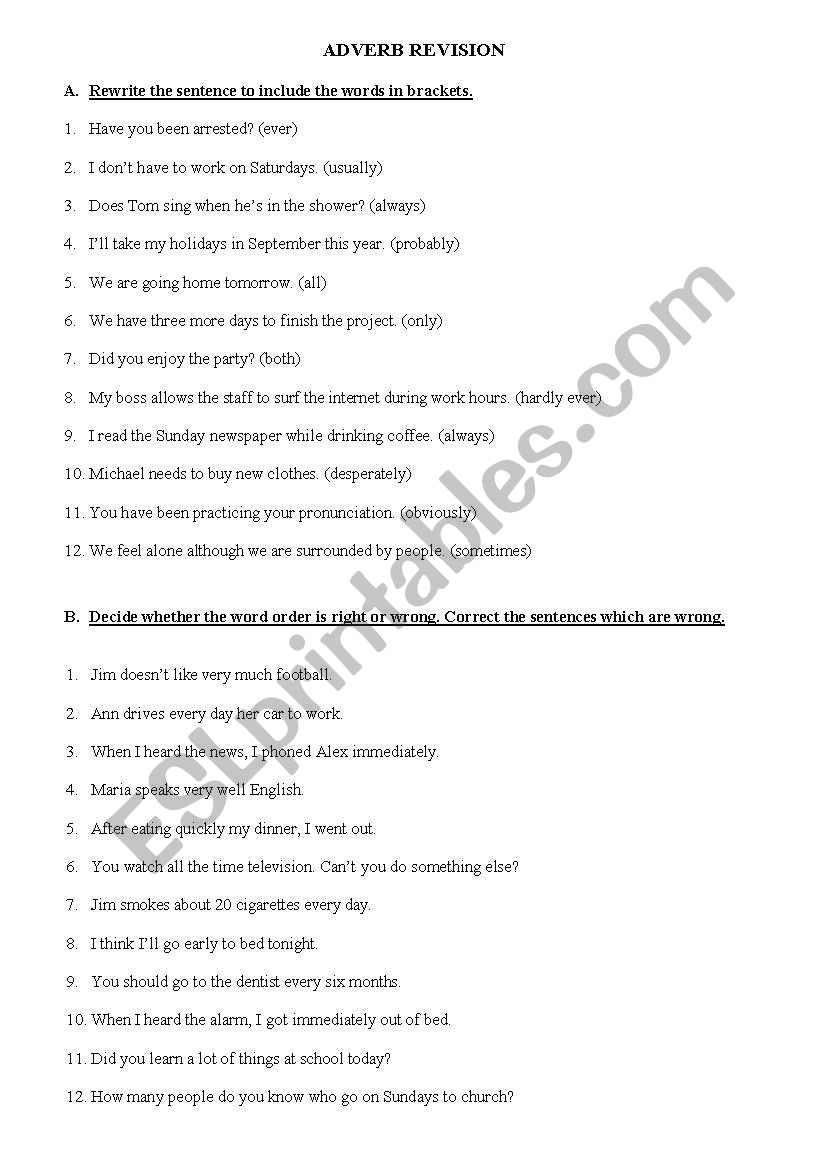 Adverb revision worksheet