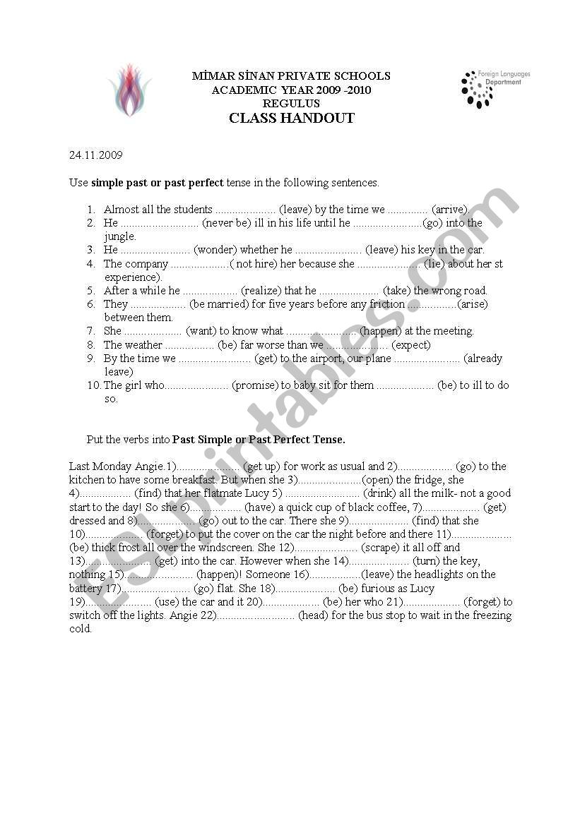 simple past and past perfect worksheet