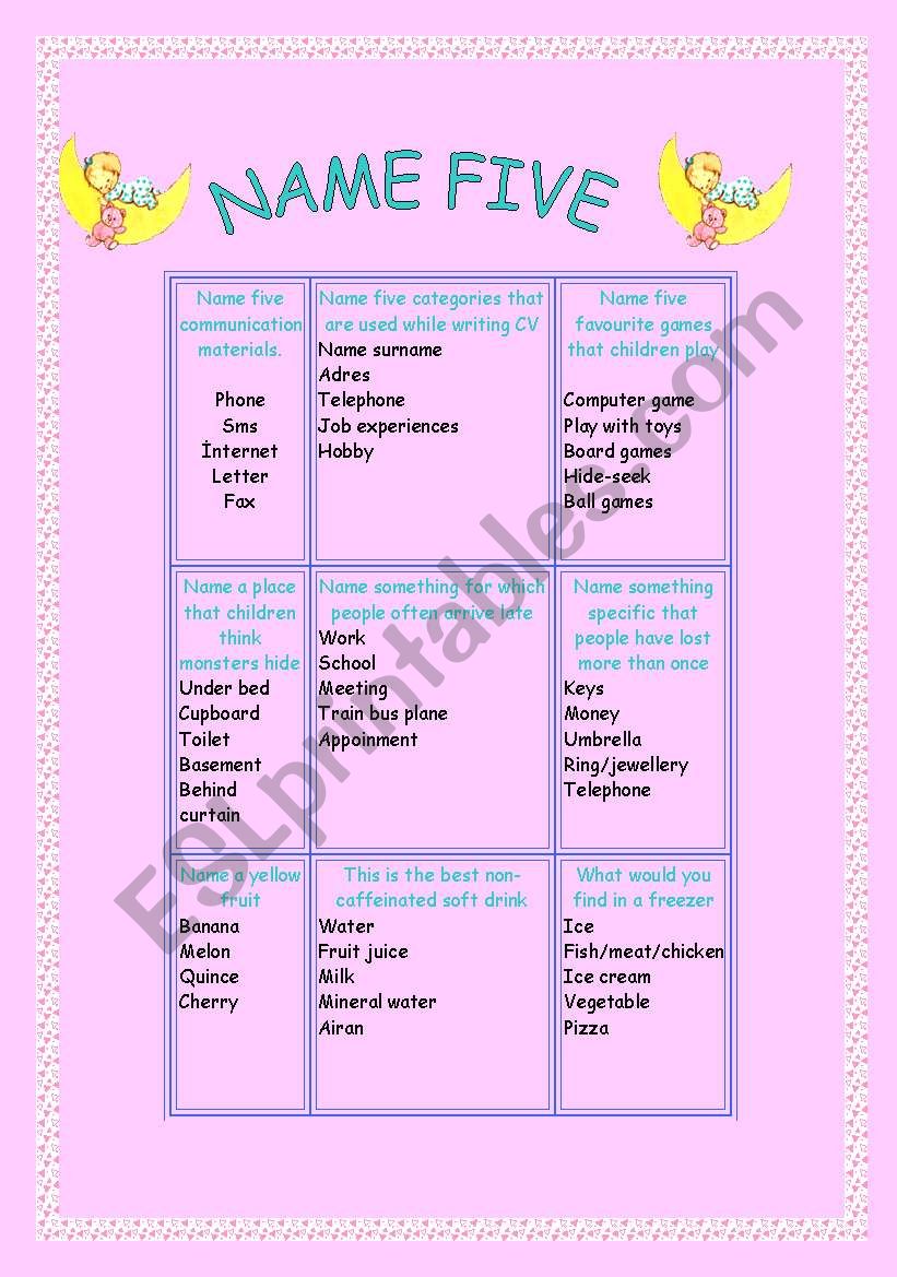 NAME FIVE GAME worksheet