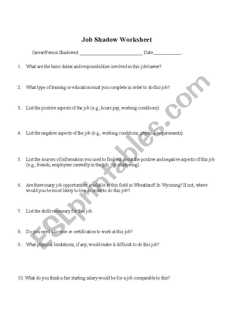 Job Shadow Worksheet worksheet