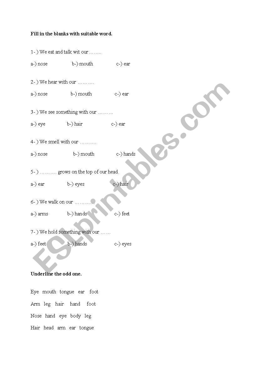 worksheet for body parts worksheet