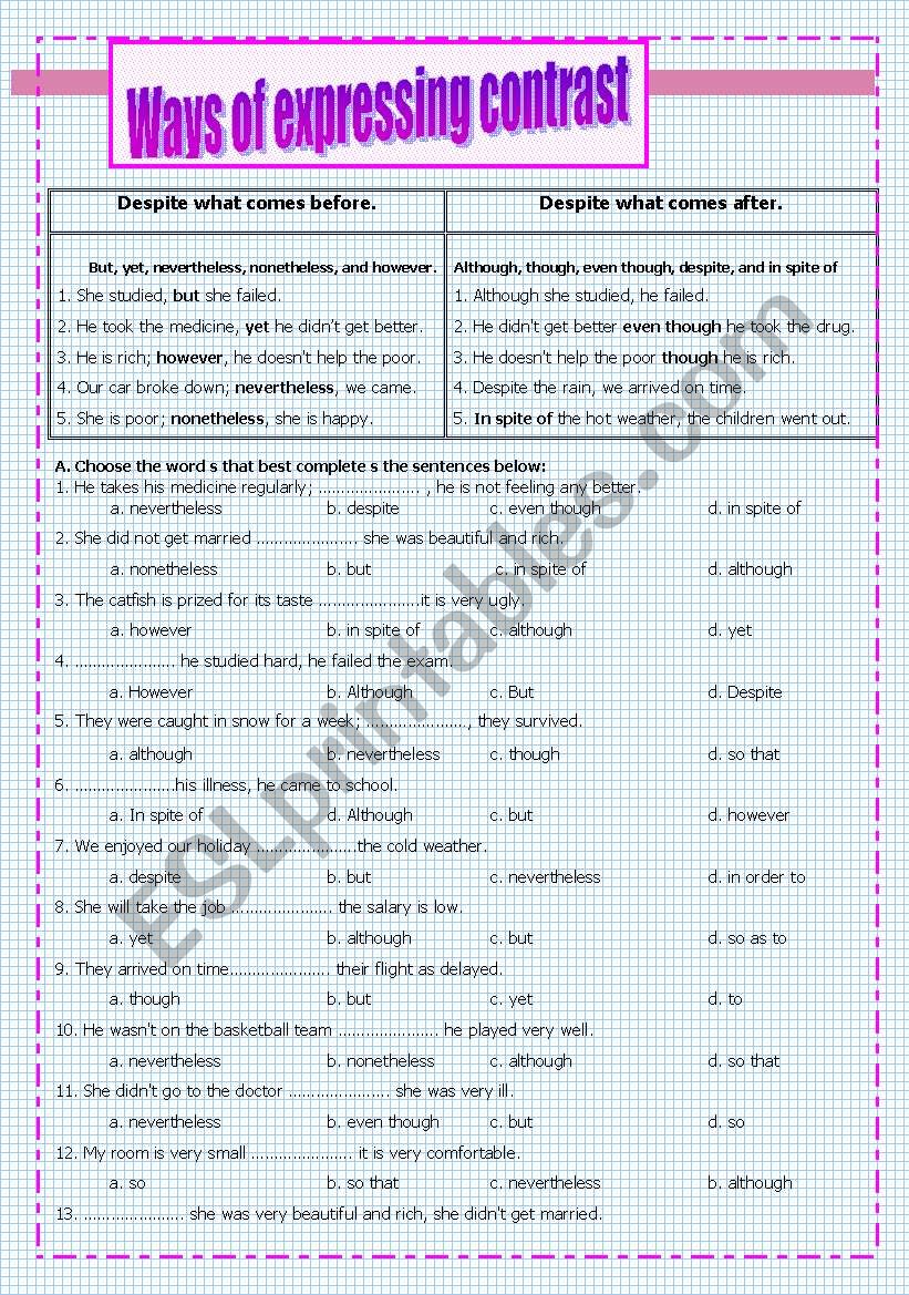 Ways of expressing contrast worksheet