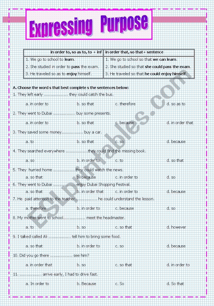 Expressing   Purpose worksheet