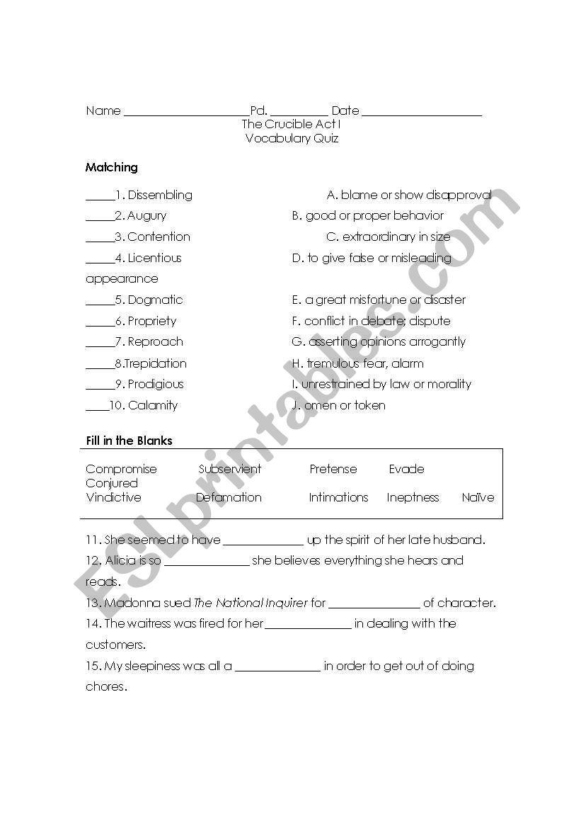 The Cucible Vocabulary Quiz Act 1