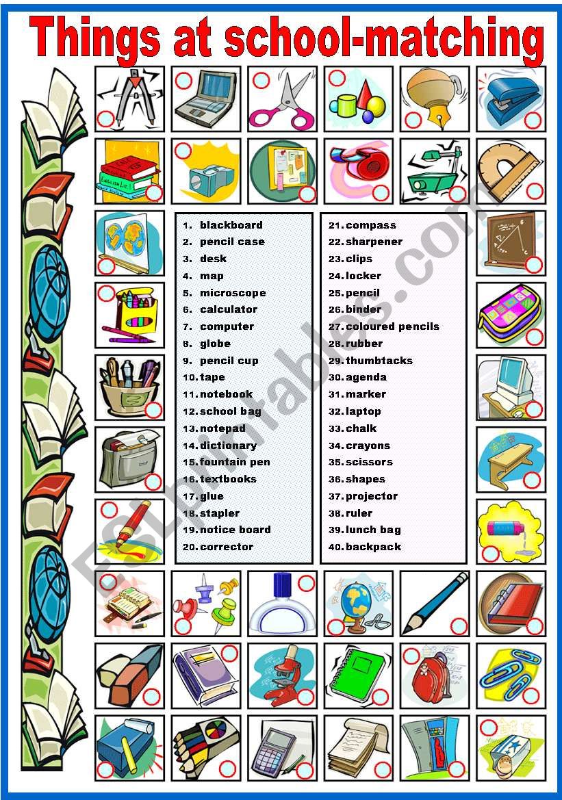 THINGS AT SCHOOL- MATCHING EXERCISE (B&W VERSION INCLUDED)