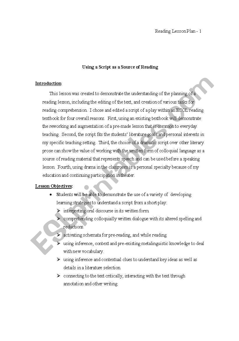 reading lesson plan worksheet