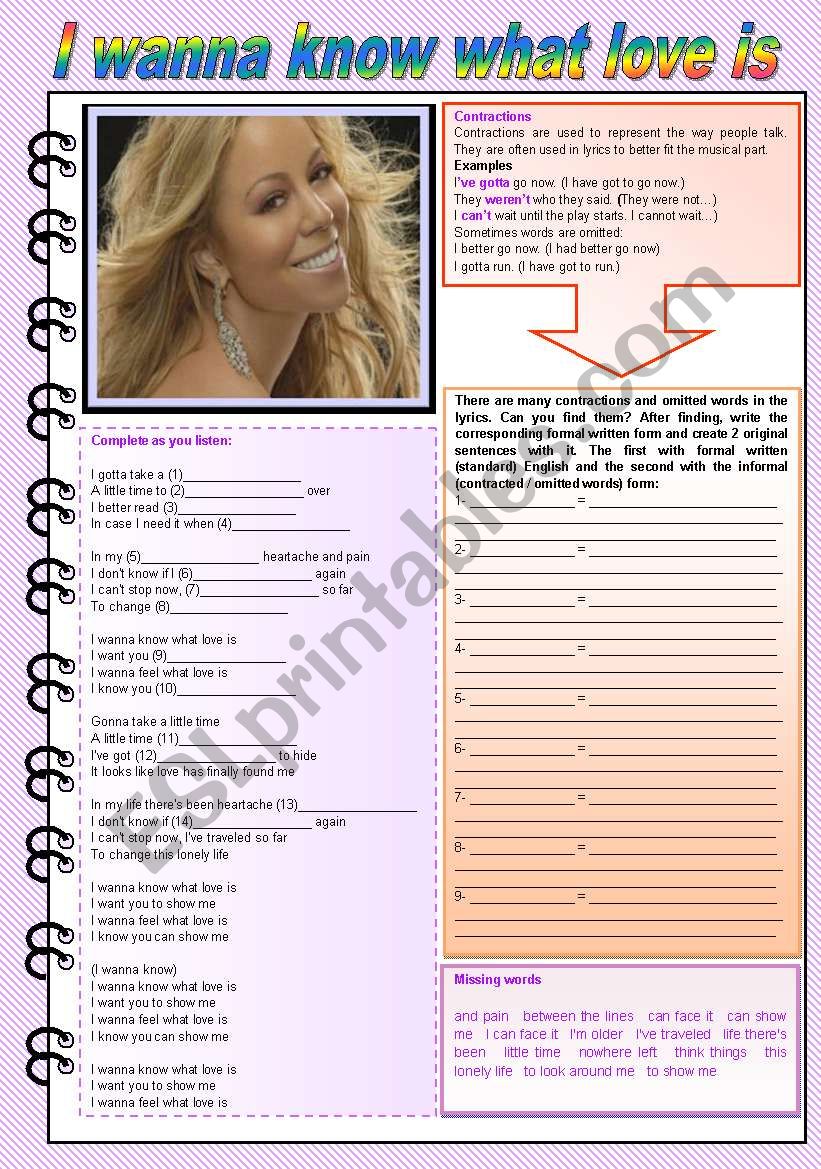 I wanna know what love is 3 pages fully editable (listening