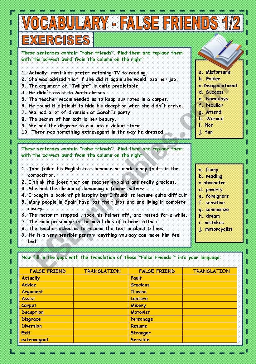 FALSE FRIENDS VOCABULARY 1/2 worksheet