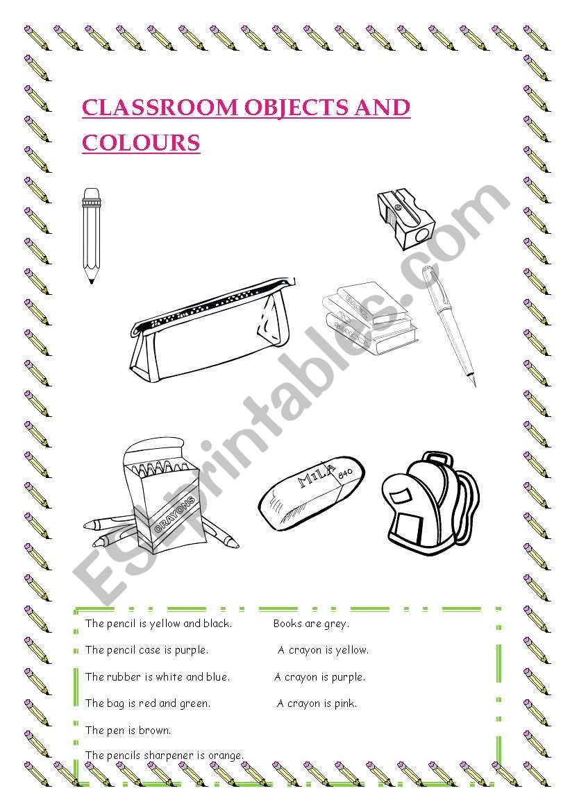 Classroom objects and colours worksheet