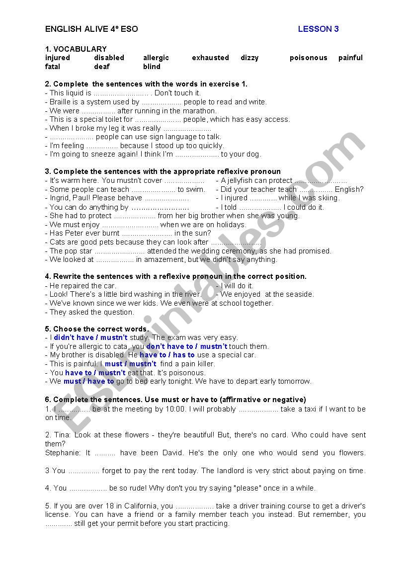 ENGLISH ALIVE 4Âº ESO - PRACTICE TEST - UNIT 3