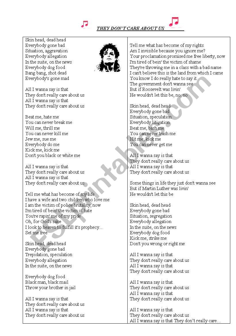They Don T Care About Us übersetzung THEY DON´T CARE ABOUT US BY M. JACKSON - ESL worksheet by margax