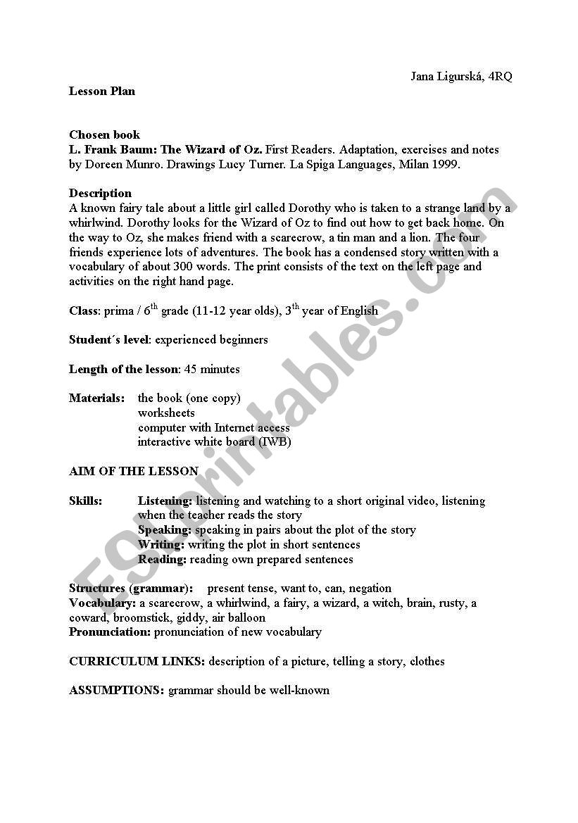 The Wizard of Oz worksheet