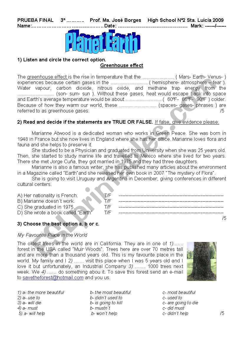 test: planet earth worksheet