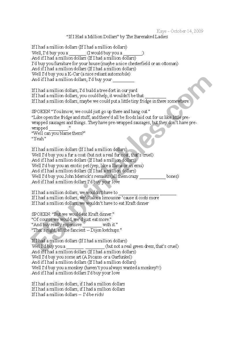 If I Had a Million Dollars  Lyric Wksht (fill-in)