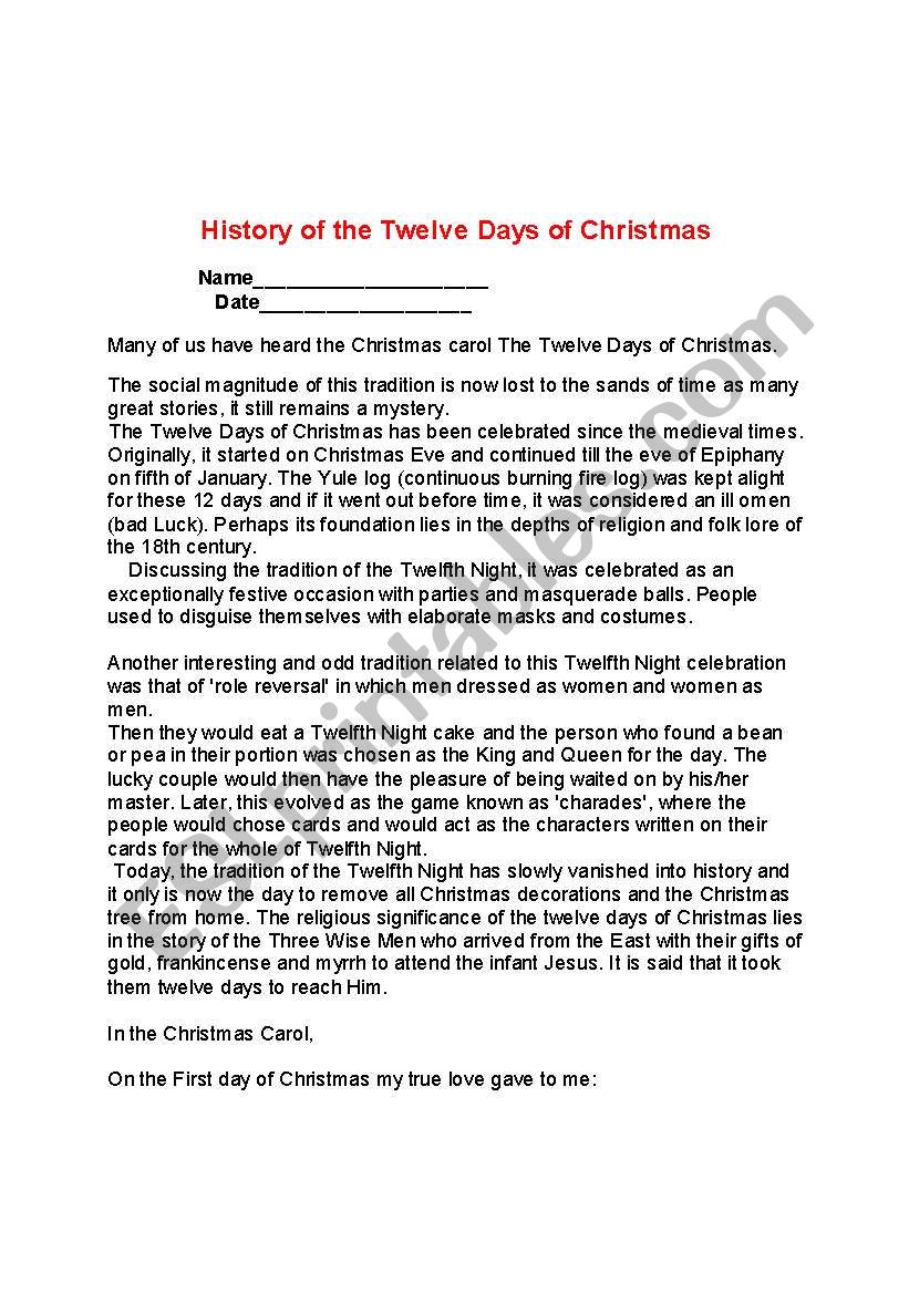 History 12 Days Of Christmas worksheet