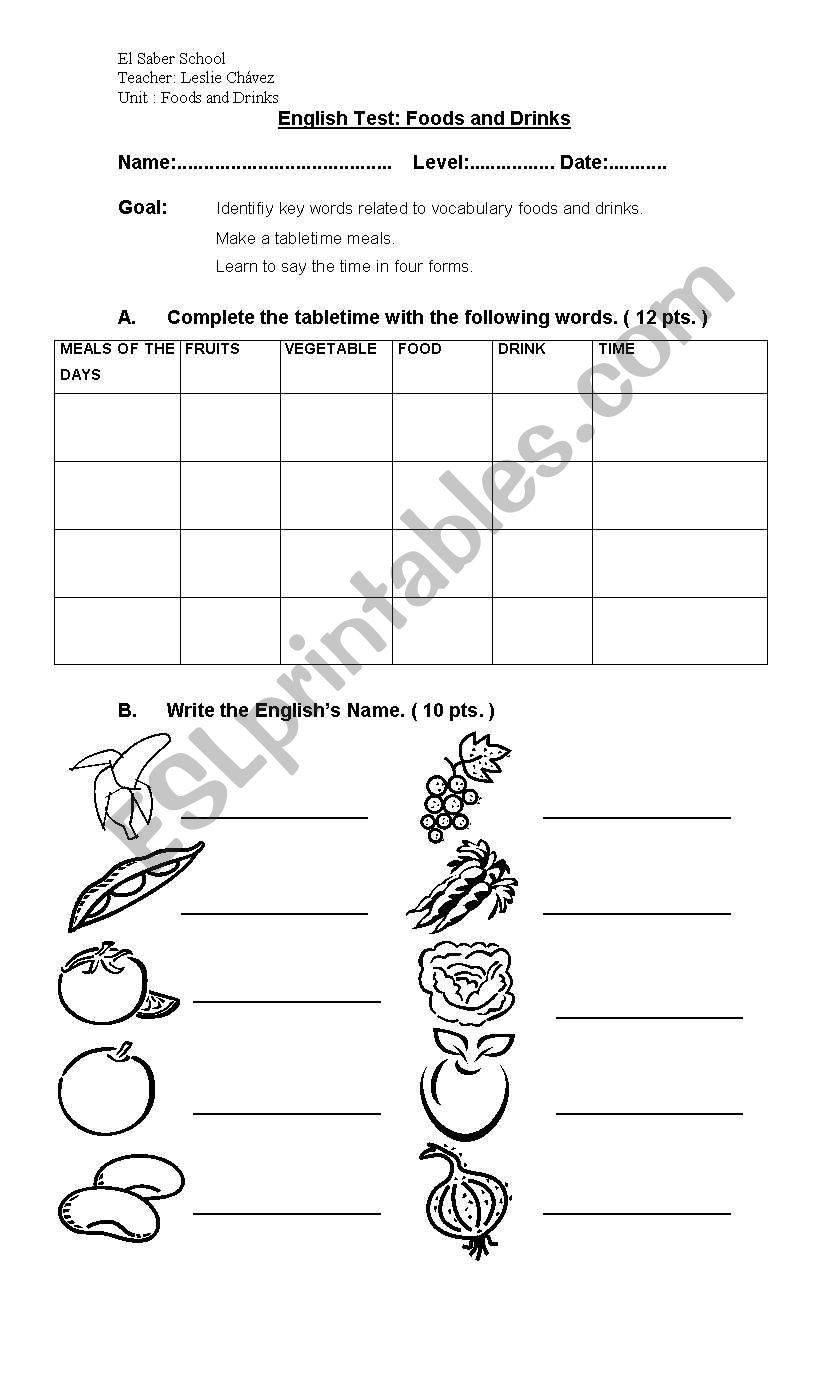 FOODS AND DRINK worksheet