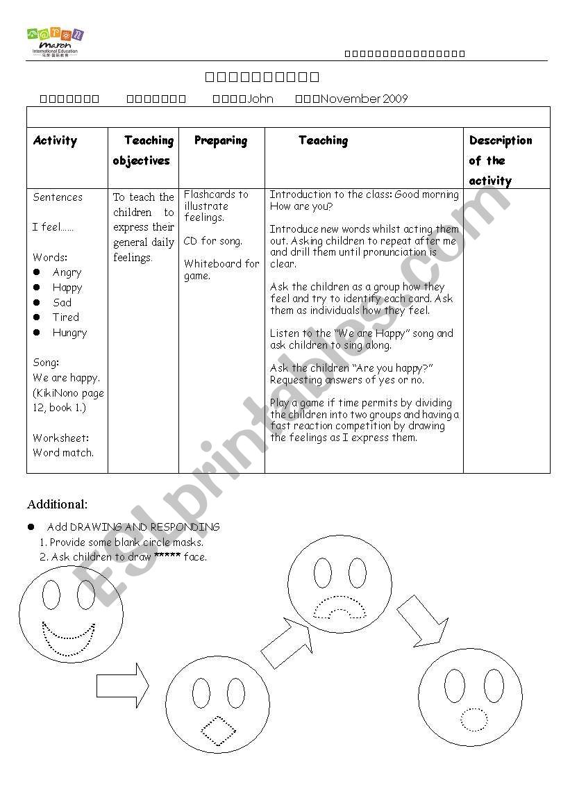 Feelings lesson plan worksheet