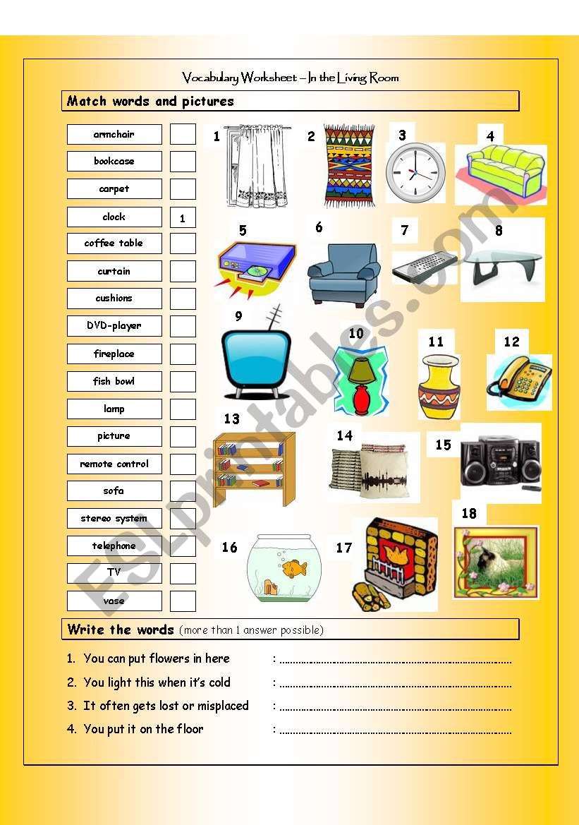 Vocabulary Matching Worksheet - IN THE LIVING ROOM