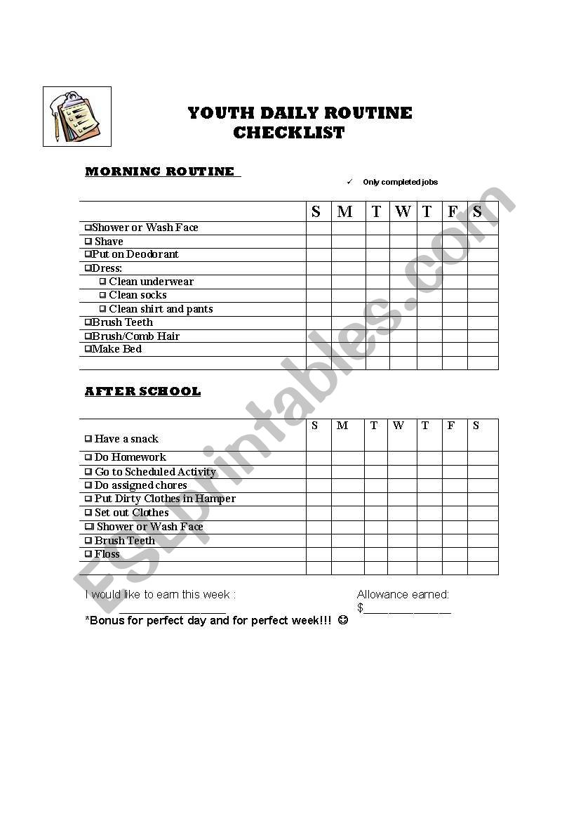 youth daily checklist worksheet