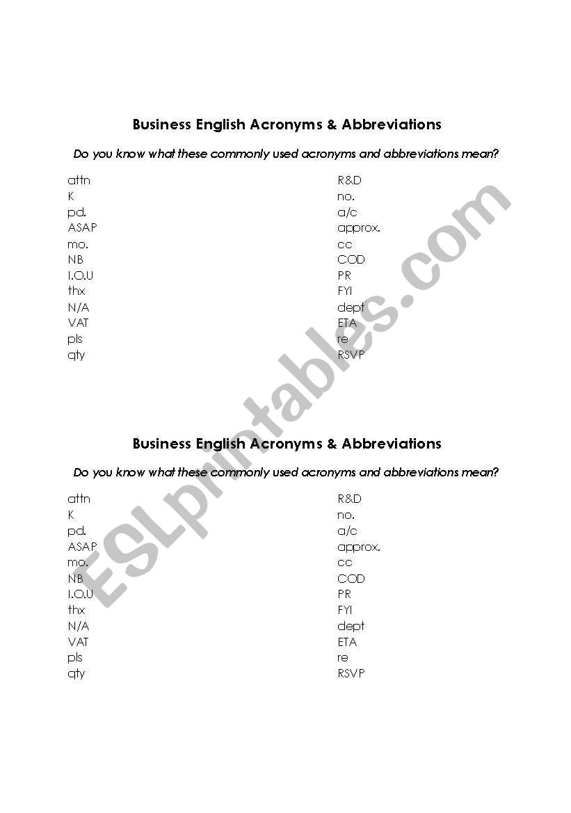 Business English Acronyms & Abbreviations