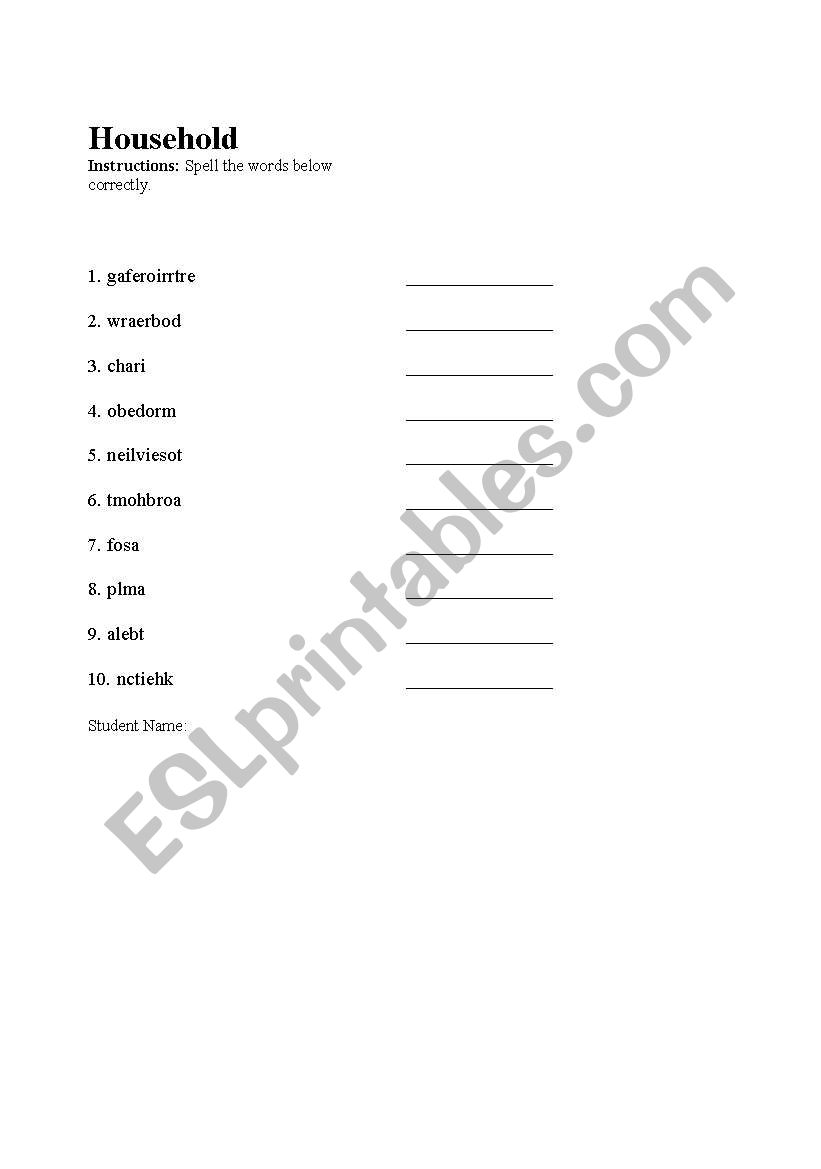 Unscramble Household worksheet