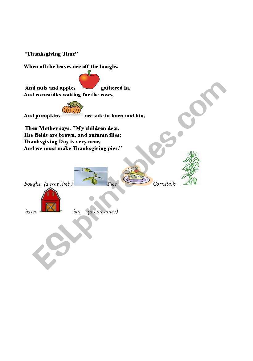 Thanksgiving poem worksheet