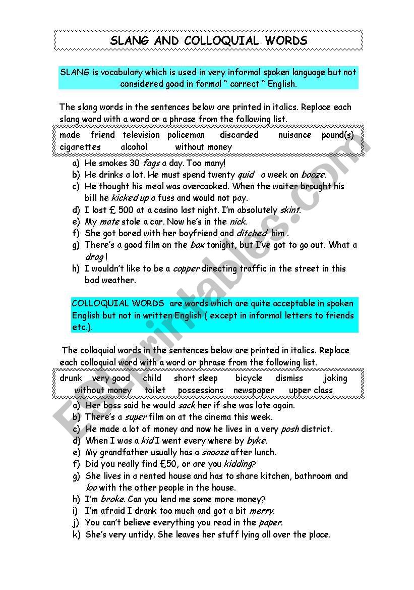 SLANG AND COLLOQUIAL WORDS worksheet