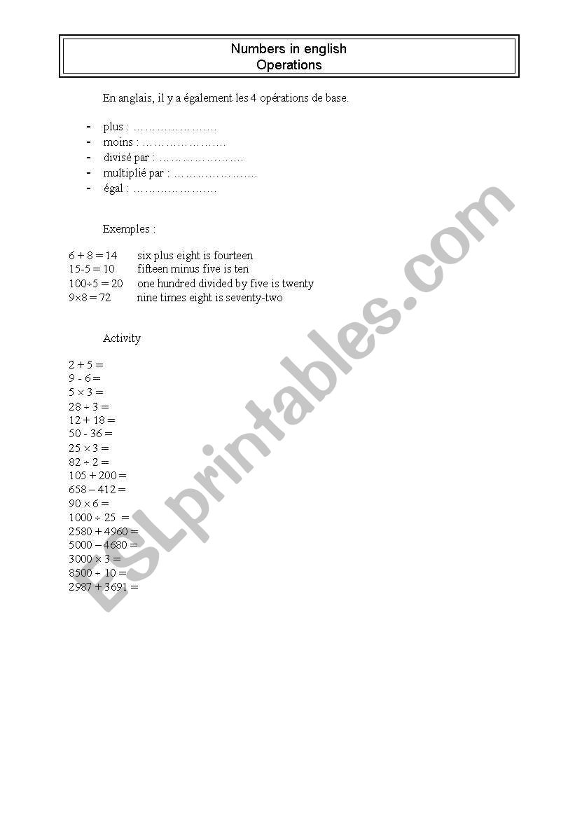 operations worksheet