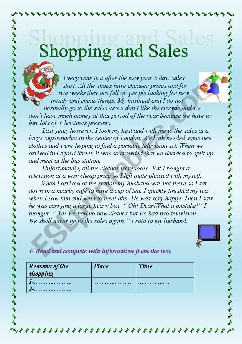 Shopping and sales worksheet