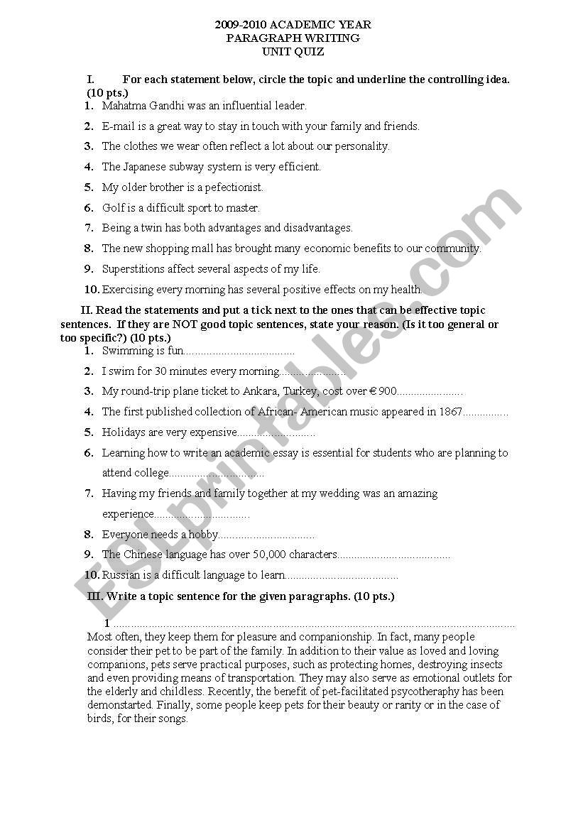 paragraph wtiting  worksheet