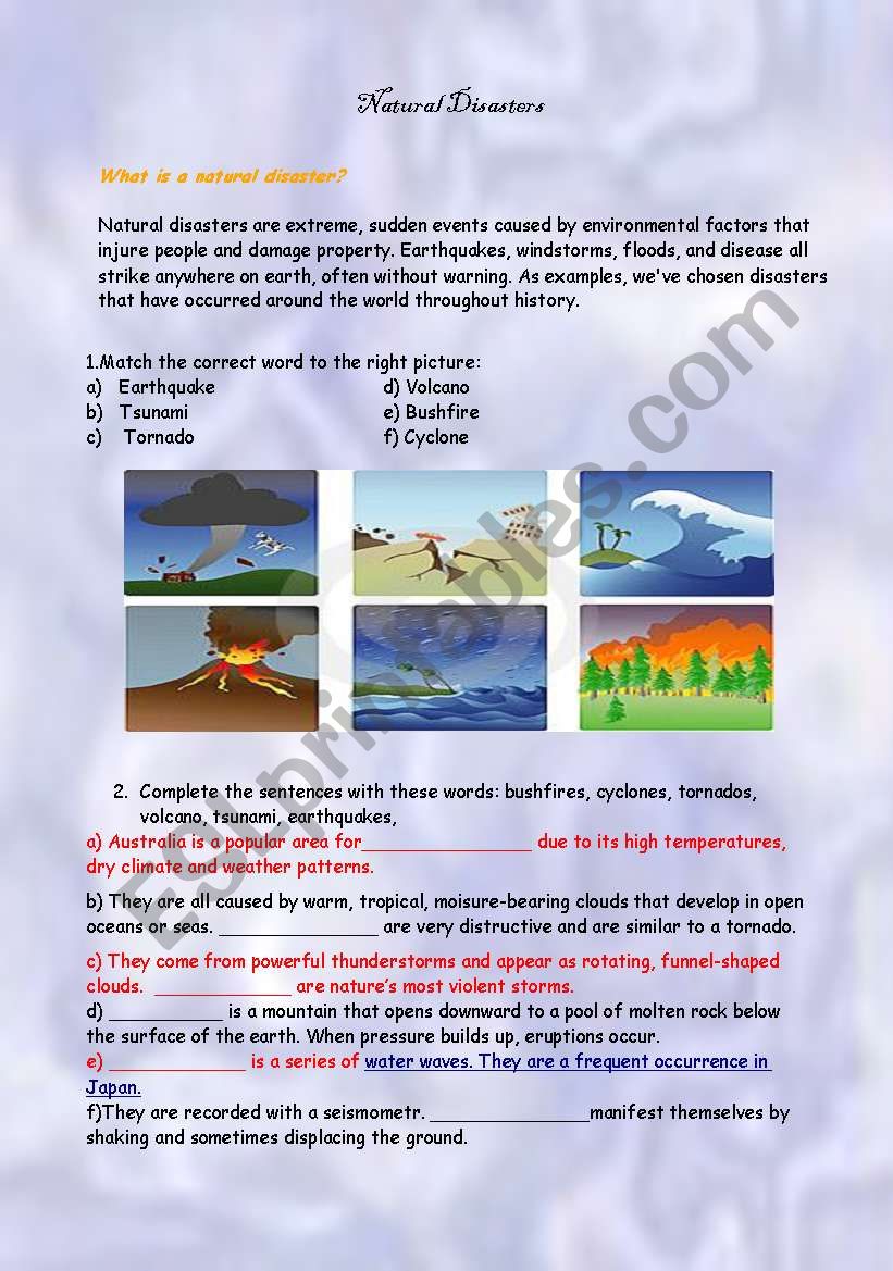 natural disasters worksheet