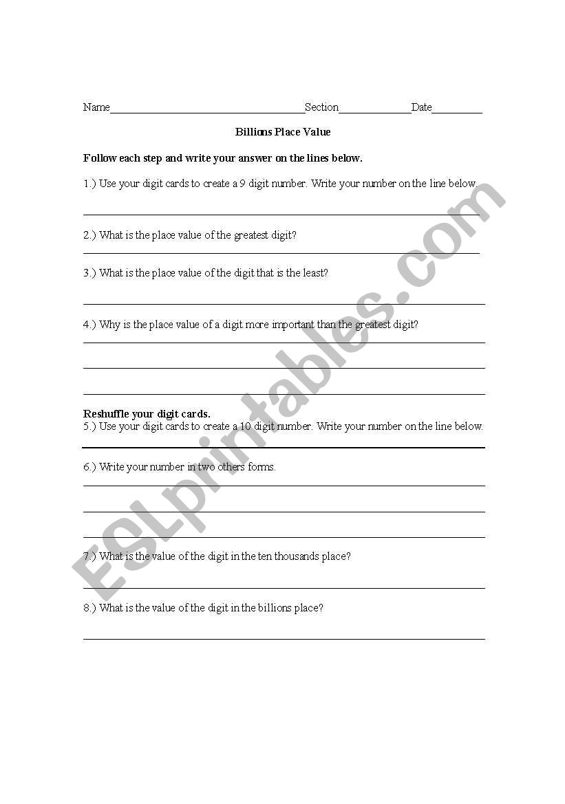 Billions worksheet