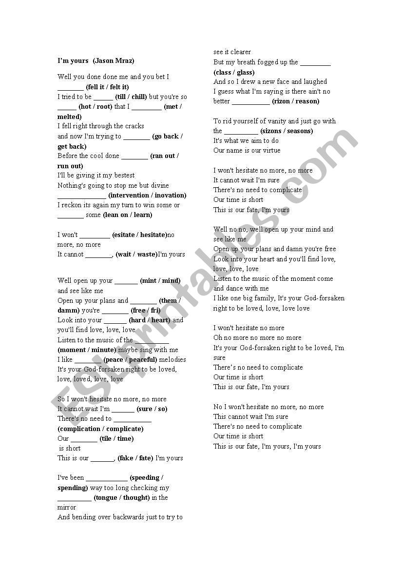 Im yours - Jason Mraz worksheet