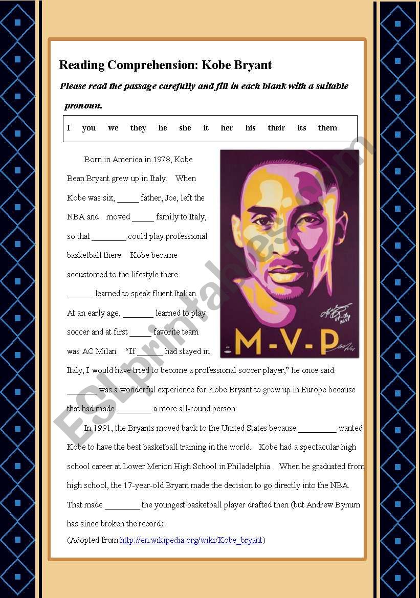 Short Bio of Kobe Bryant worksheet