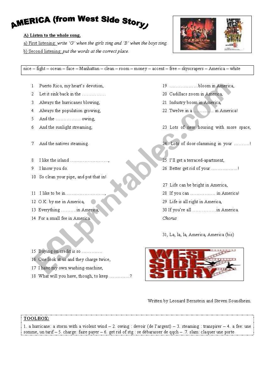 America (West Side Story), 2 pages of activities