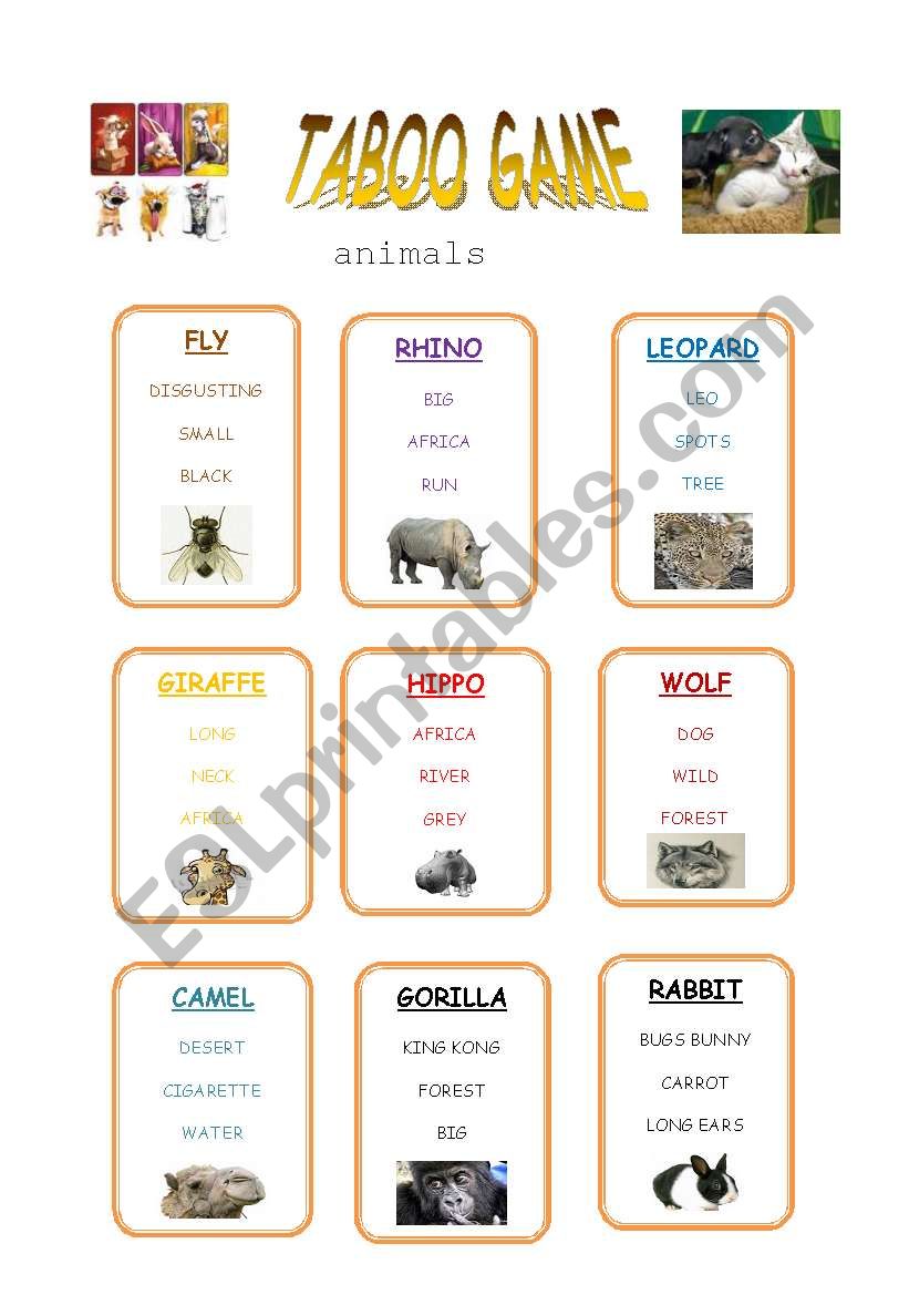 animals taboo worksheet