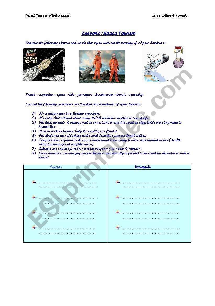 space tourism worksheet