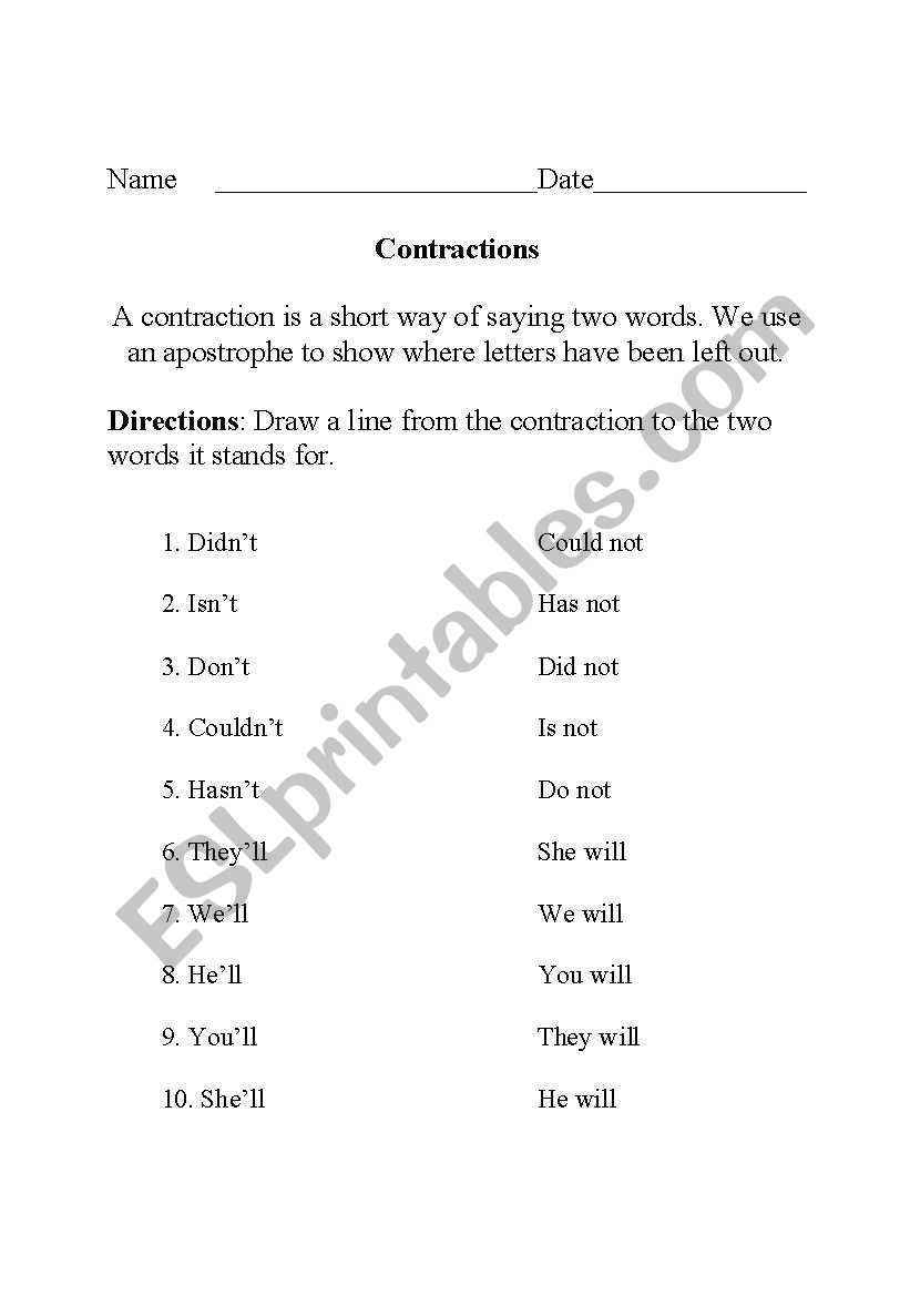Contractions for Elementary worksheet
