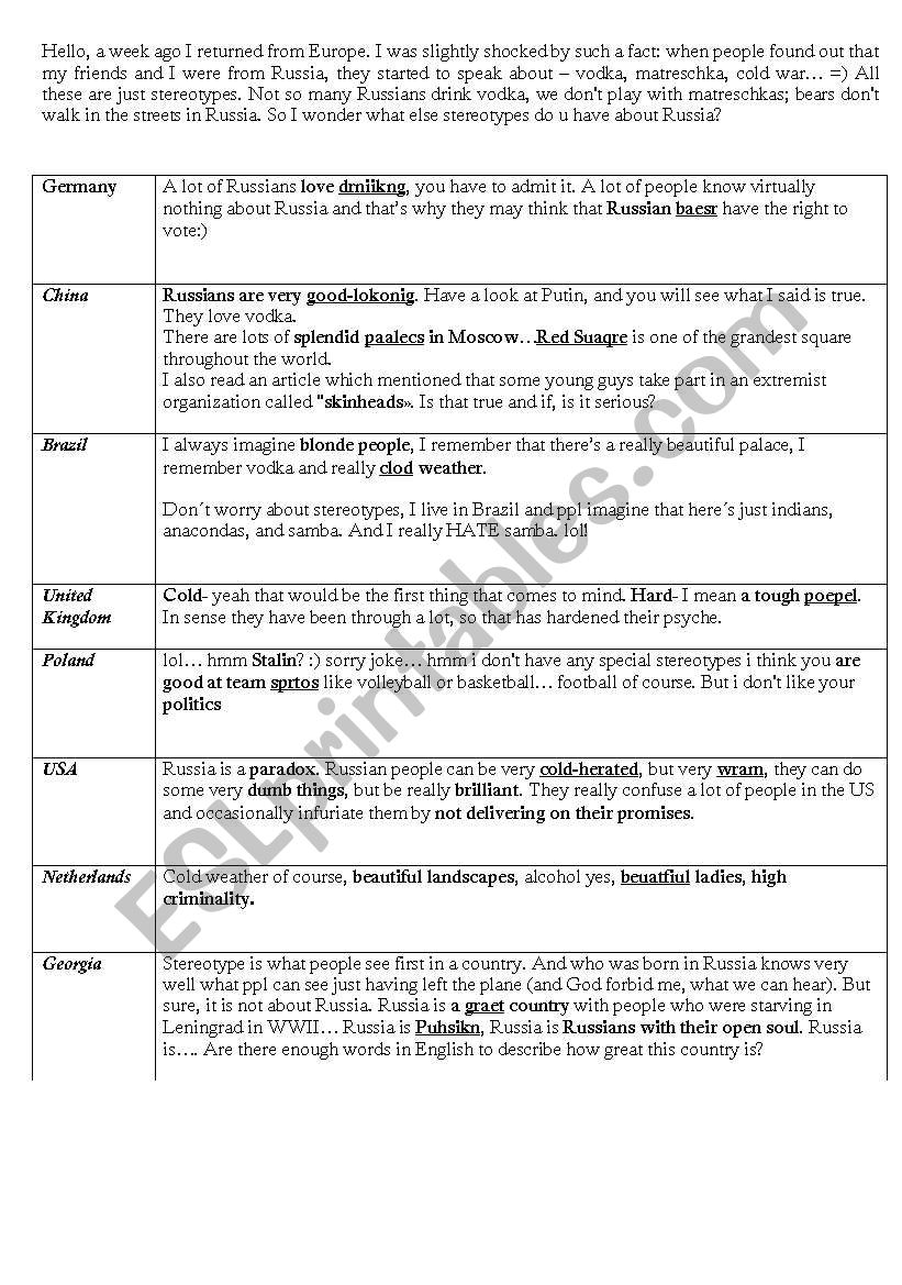 Stereotypes about Russia worksheet