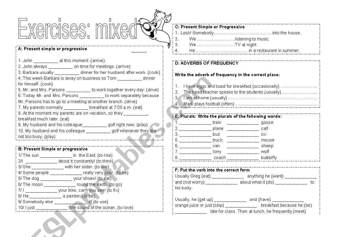 Exercises Present Simple and Continuous and other basic structures (2 pages)