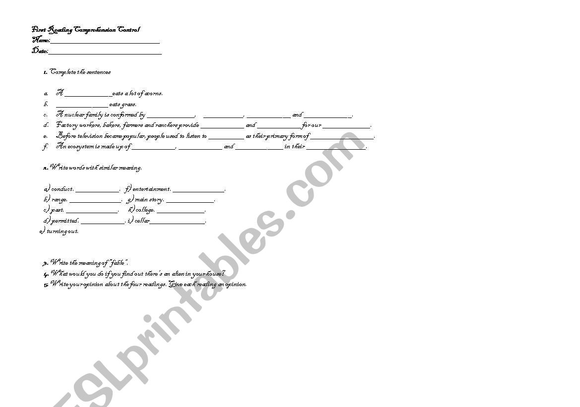 READINH COMPREHENSION CONTROL worksheet