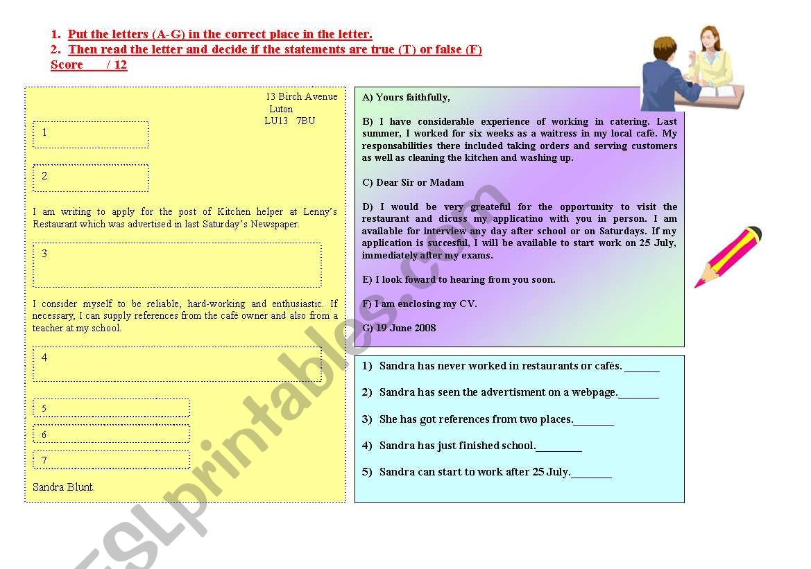 LETTER OF APPLICATION worksheet