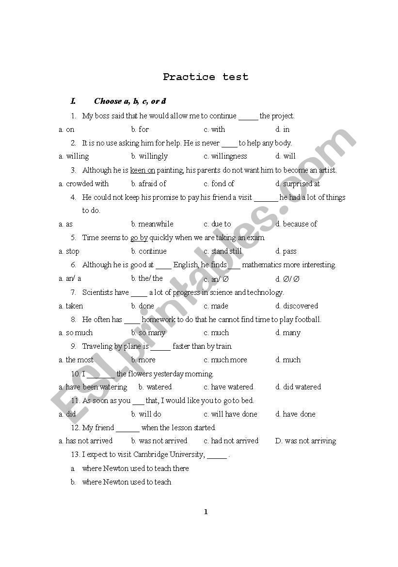  Practice test  worksheet