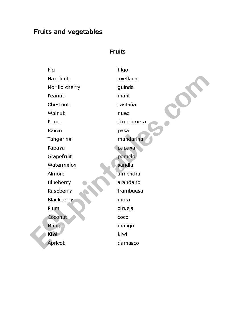 fruits and vegetables worksheet