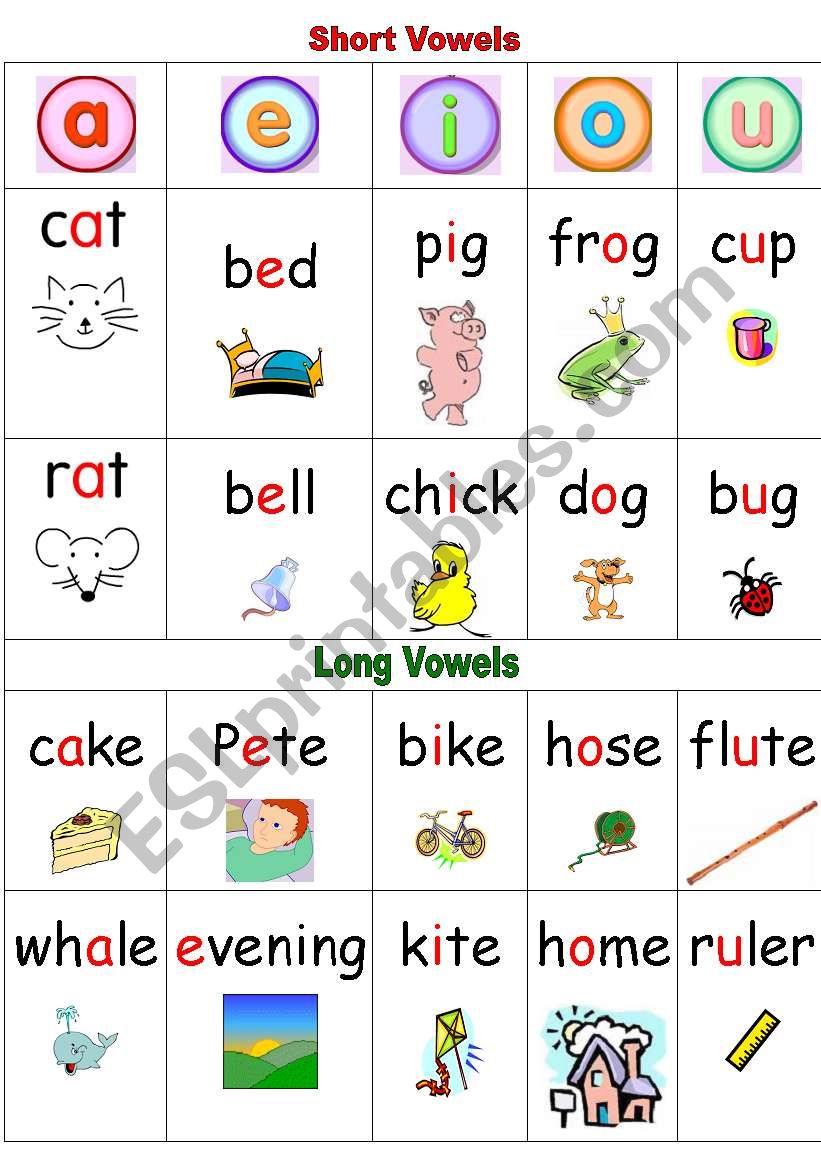 Short Vowels and Long Vowels Phonics Wall Chart