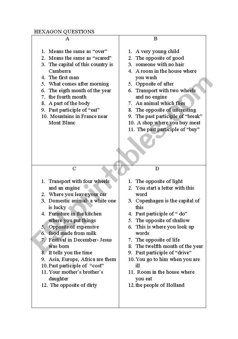 hexagon questions worksheet