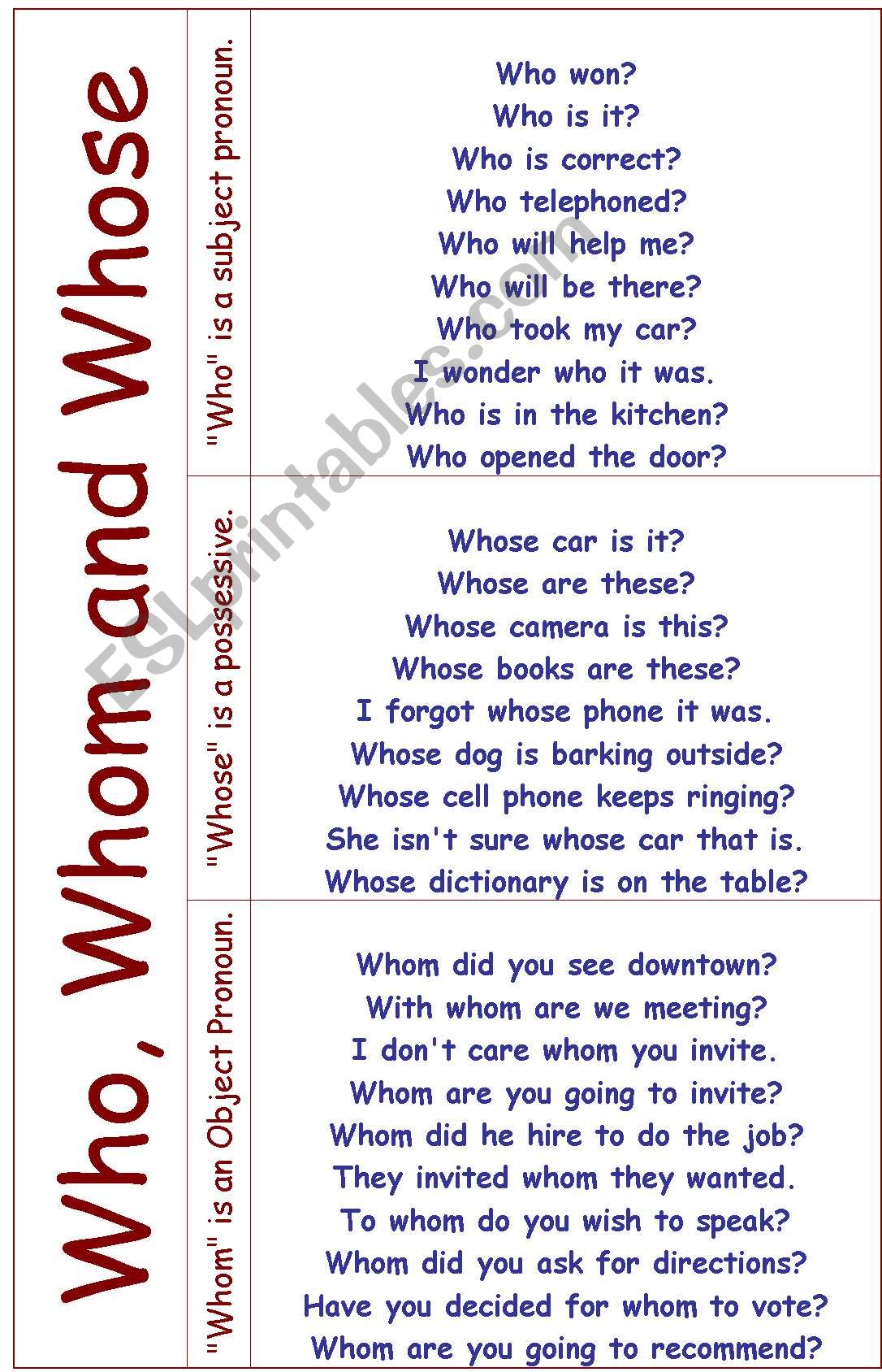 Who, Whom and Whose worksheet