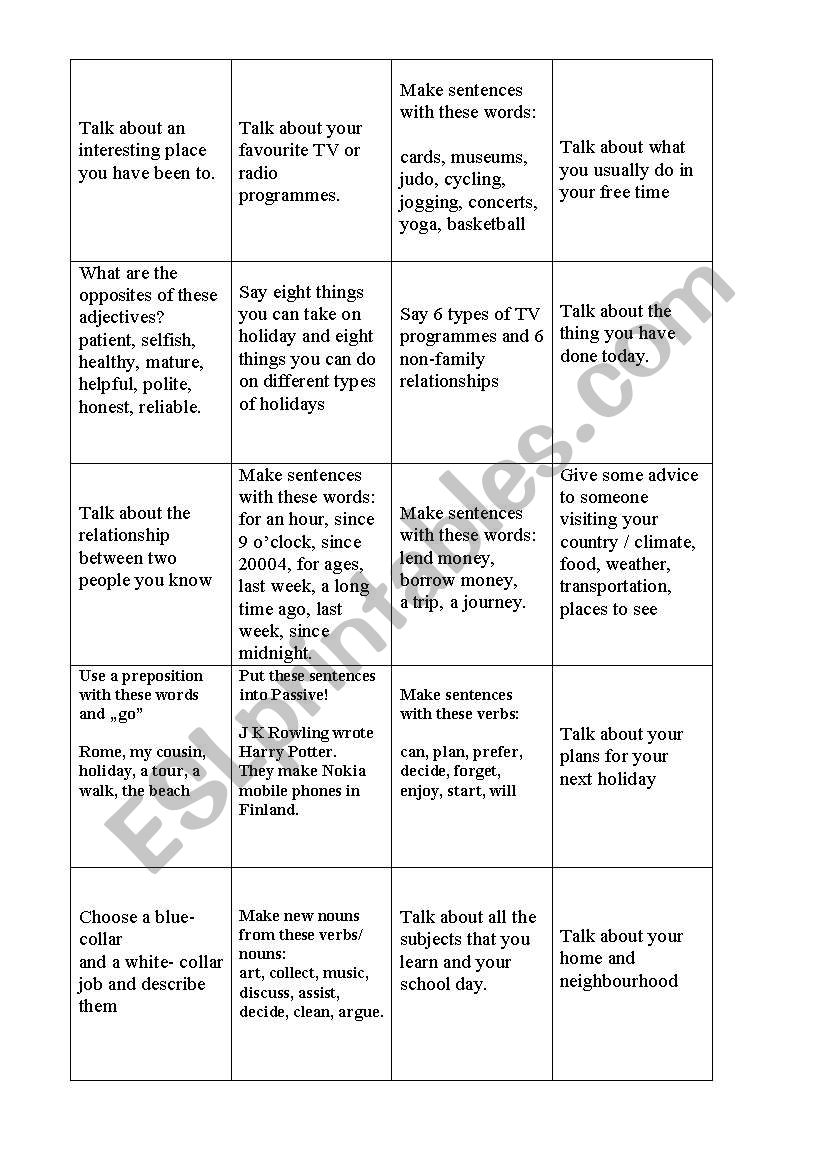 Talking tasks worksheet