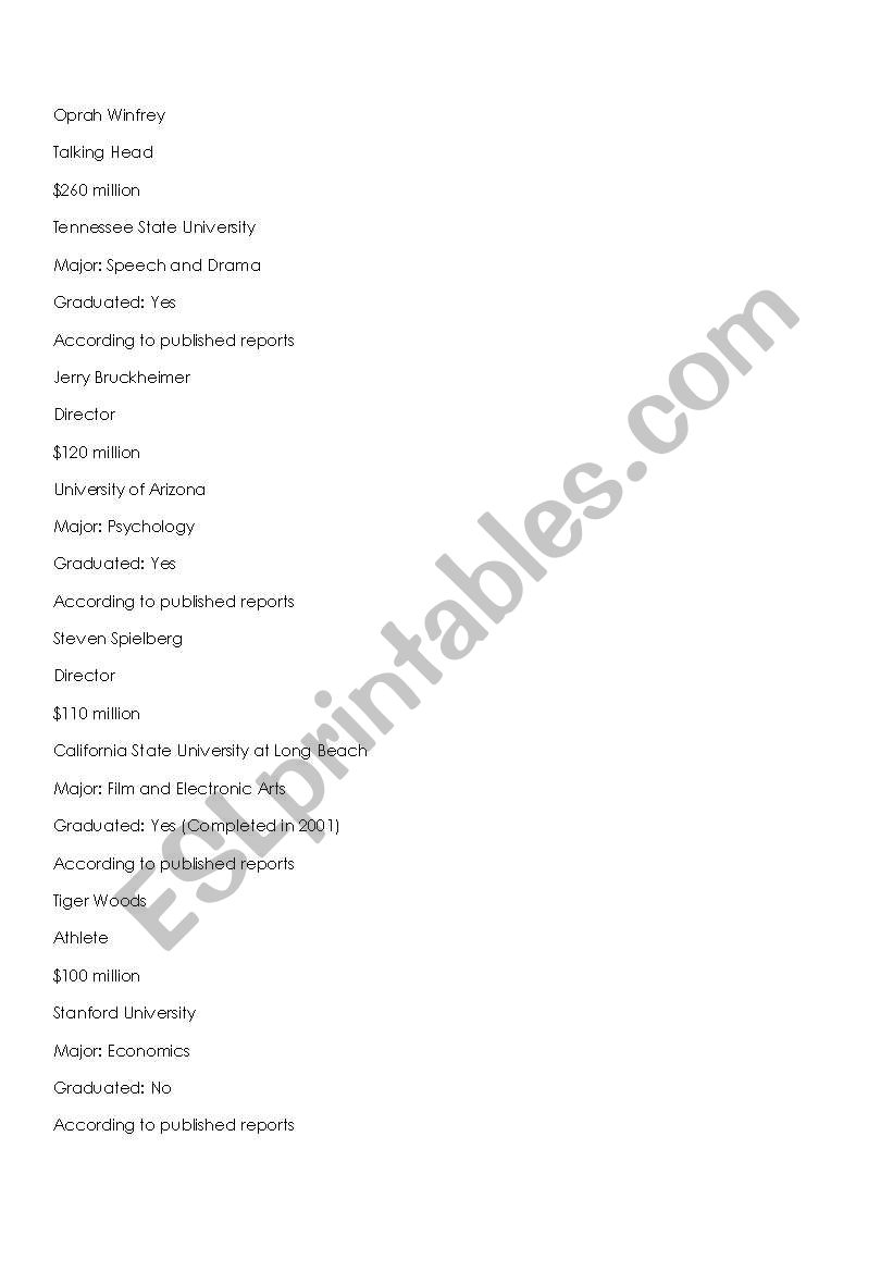 Stars with College Degrees Answer Sheet